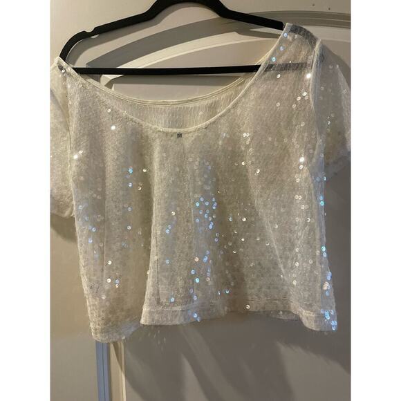 Top white sheer top laced sequins size medium short sleeve round neck - Picture 1 of 2